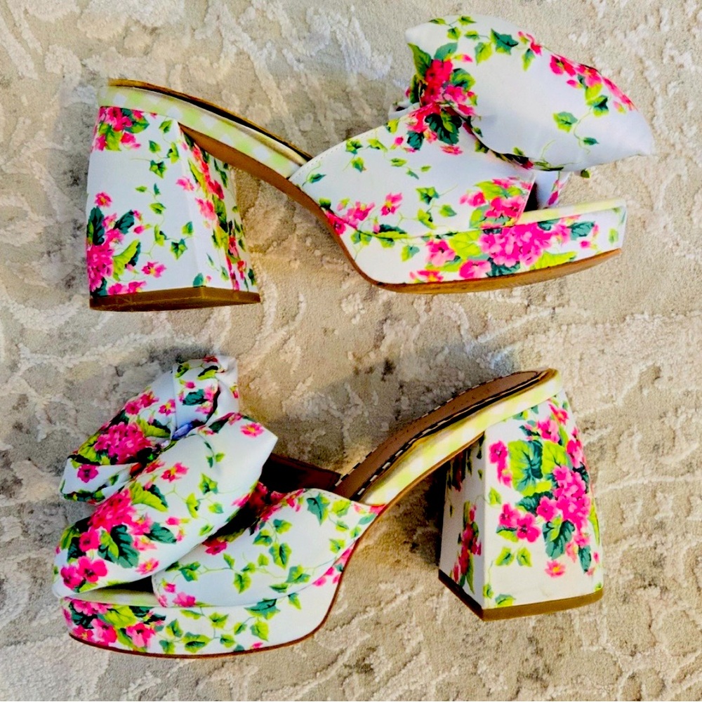 Betsey Johnson Pink, White & Green Floral with Jewel Mules & Chunky Heels - Picture 7 of 14
